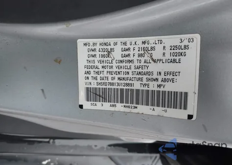 2003 Honda Cr-V Ex from USA, damaged, VIN SHSRD78813U128891